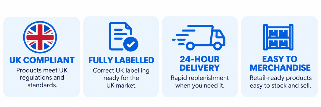UK compliant · Fully labelled · 24-hour delivery · Easy to merchandise